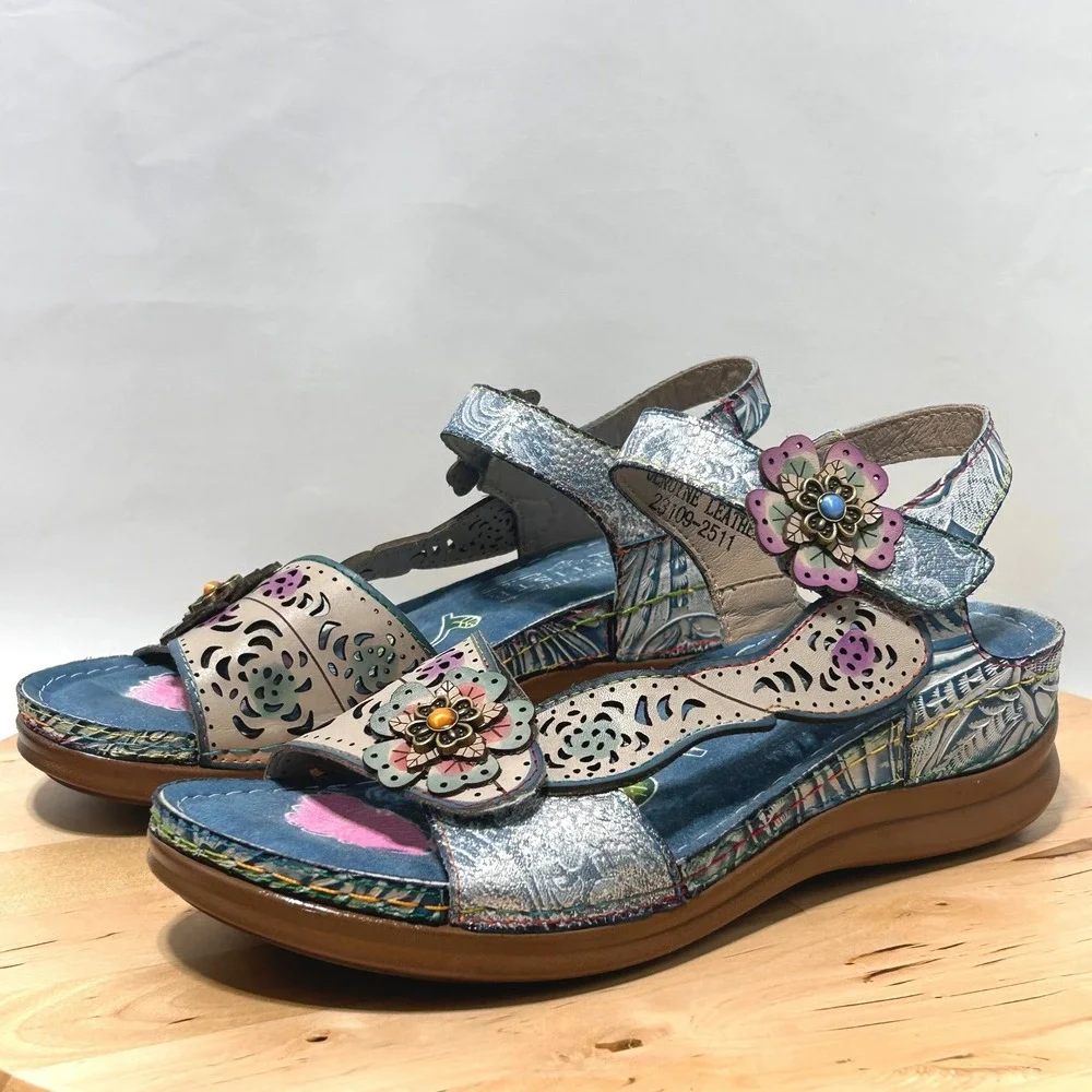 L'Artiste by Spring Step Leather Open Toe Strappy Script Blum Sandal- 6.5/7 & 37